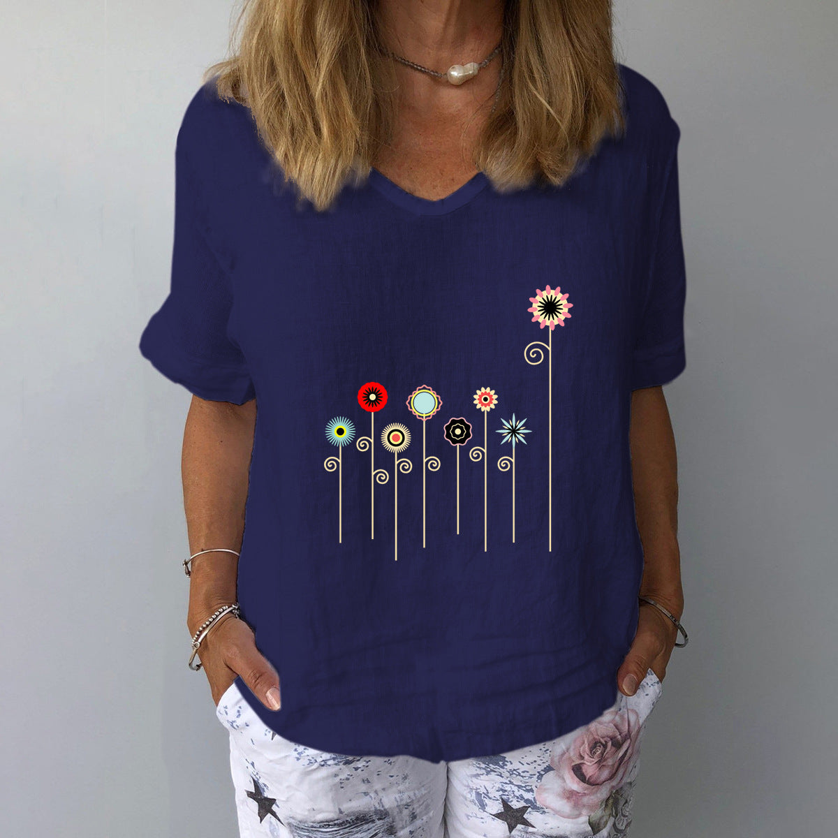 Koszulka damska casualowa z bawełny i lnu